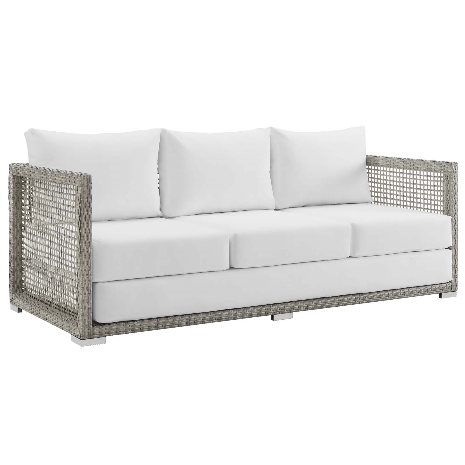 Aura Outdoor Patio Wicker Rattan Sofa in Gray White Hyme