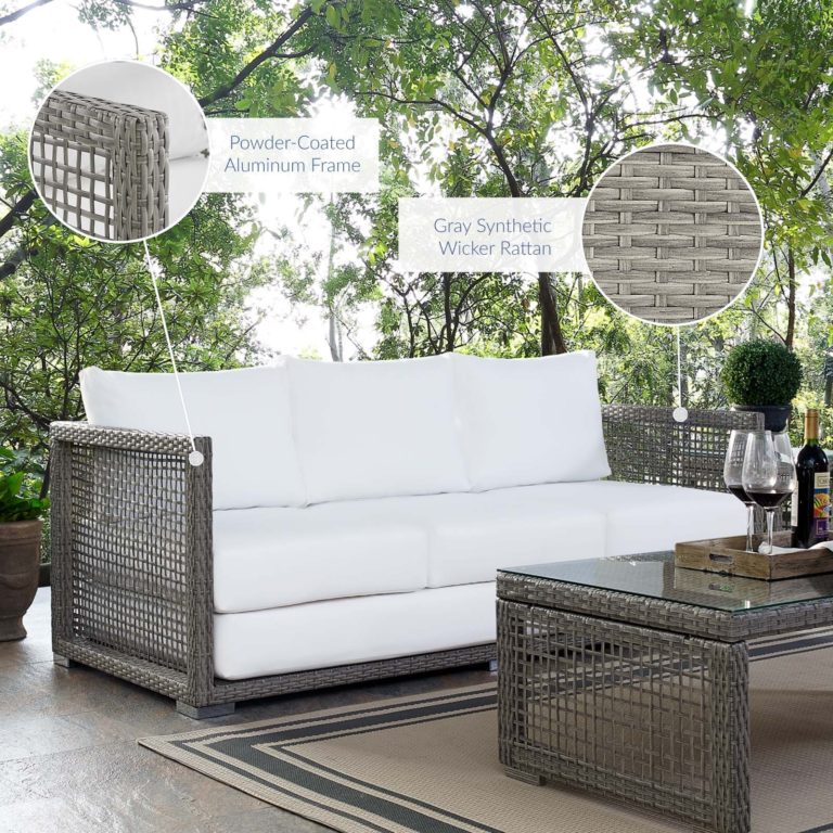 Aura Outdoor Patio Wicker Rattan Sofa in Gray White Hyme