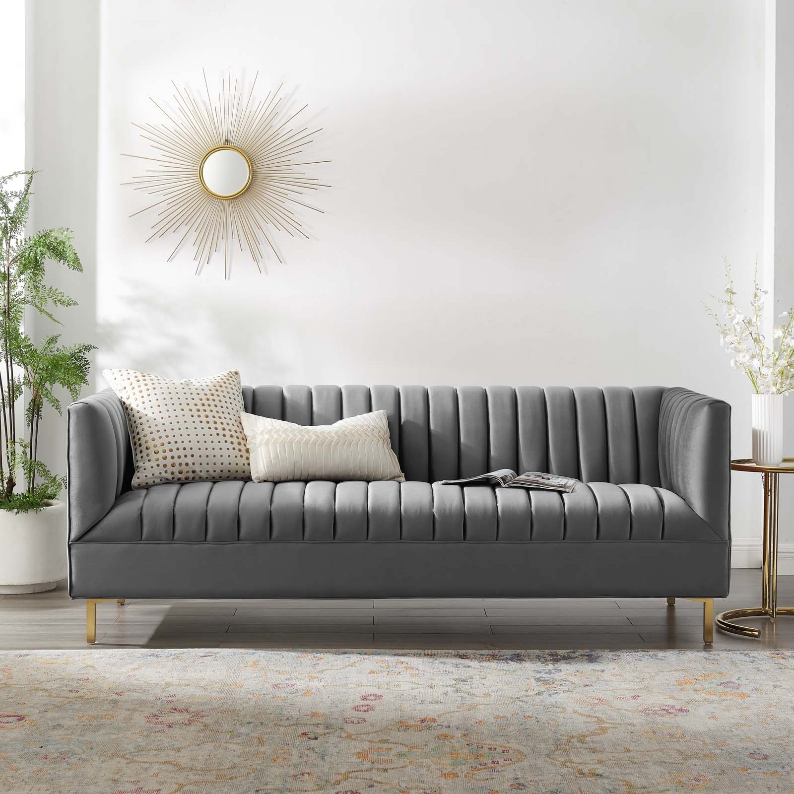 Shift Channel Tufted Performance Velvet Sofa In Gray Hyme Furniture