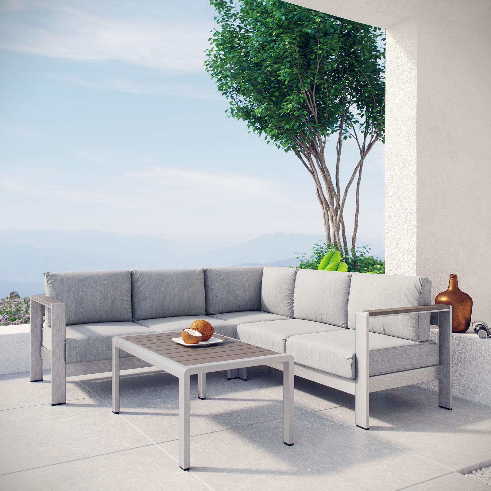 Shore 4 Piece Outdoor Patio Aluminum Sectional Sofa Set In Silver Gray 5f203bd98579f 