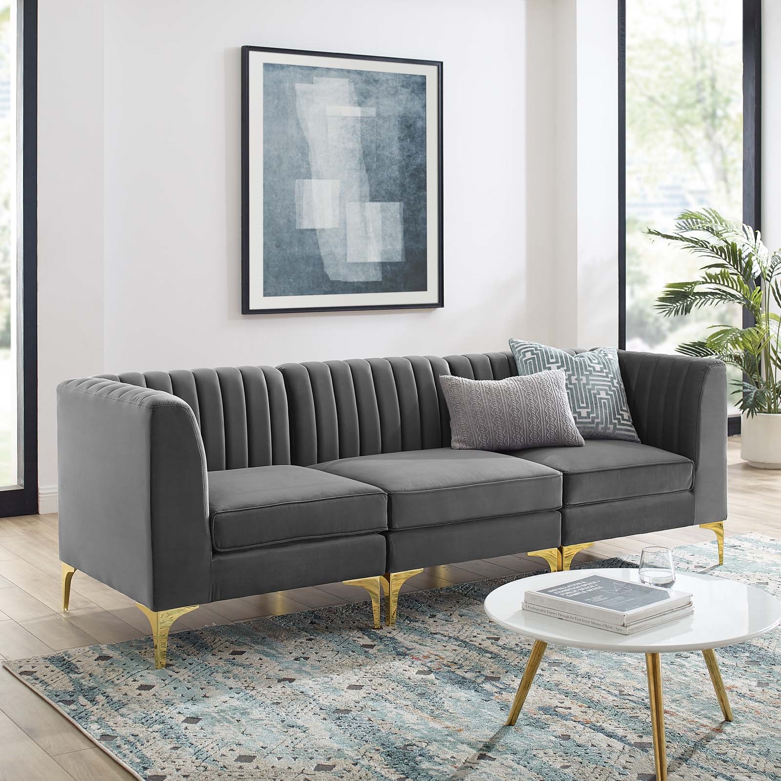 Triumph Channel Tufted Performance Velvet 3-Seater Sofa in Gray - Hyme ...