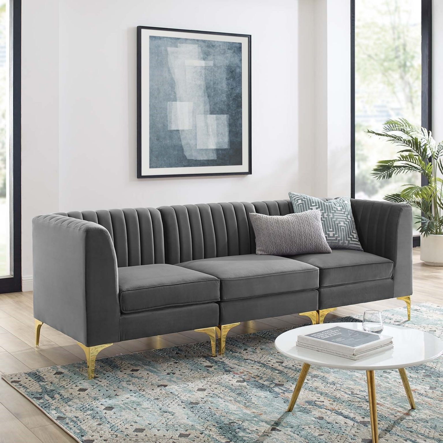 Triumph Channel Tufted Performance Velvet 3-Seater Sofa in Gray - Hyme
