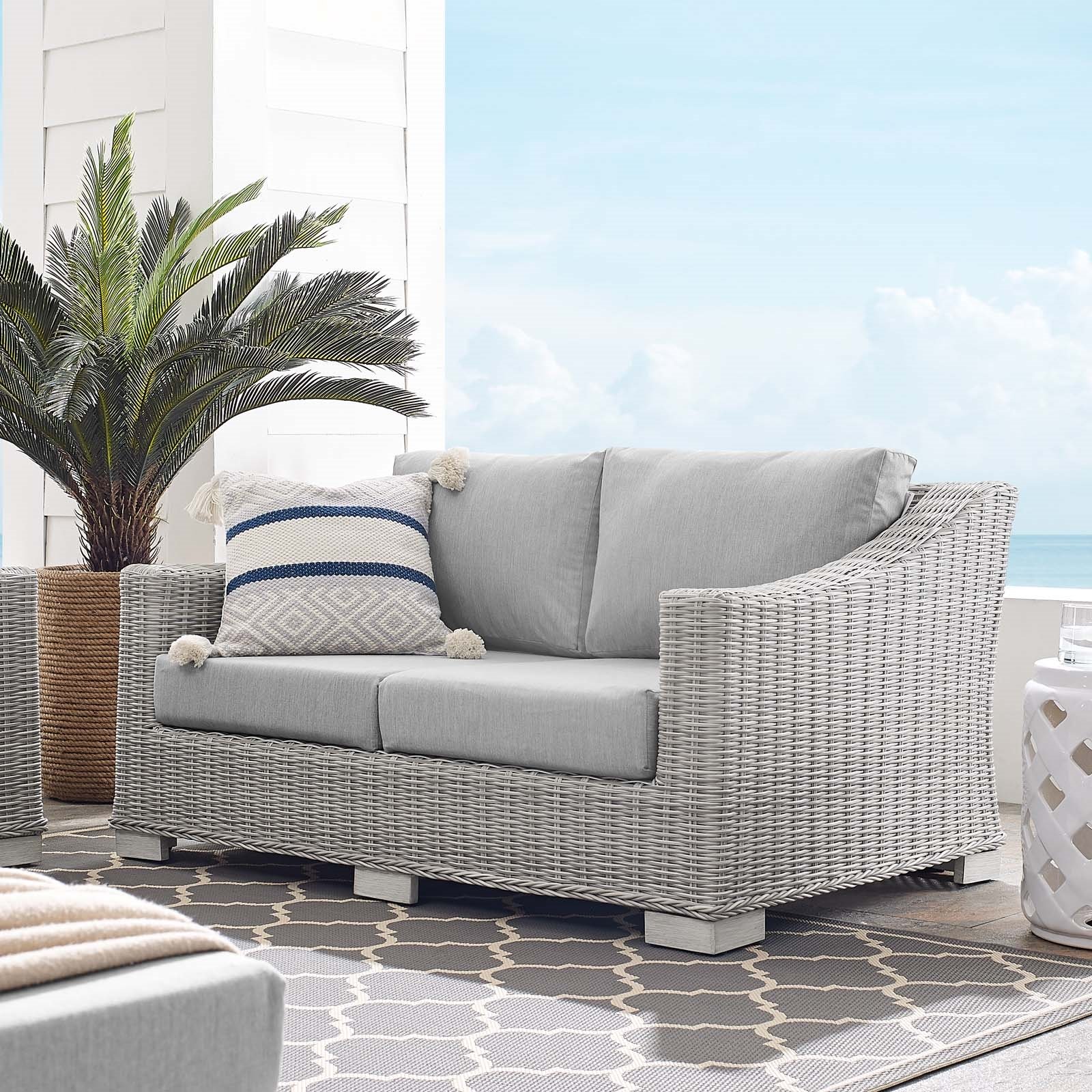 Conway Outdoor Patio Wicker Rattan Loveseat In Light Gray Gray Hyme
