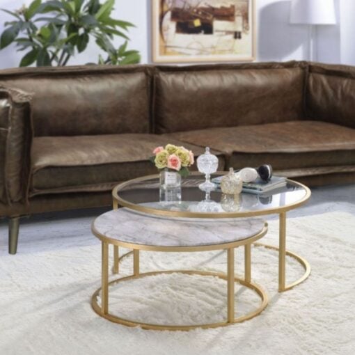 Shanish Nesting Table Set In Faux Marble Top & Gold Finish