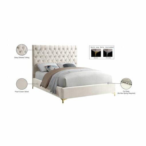 Cruz Velvet  Queen Bed in Cream - Image 3