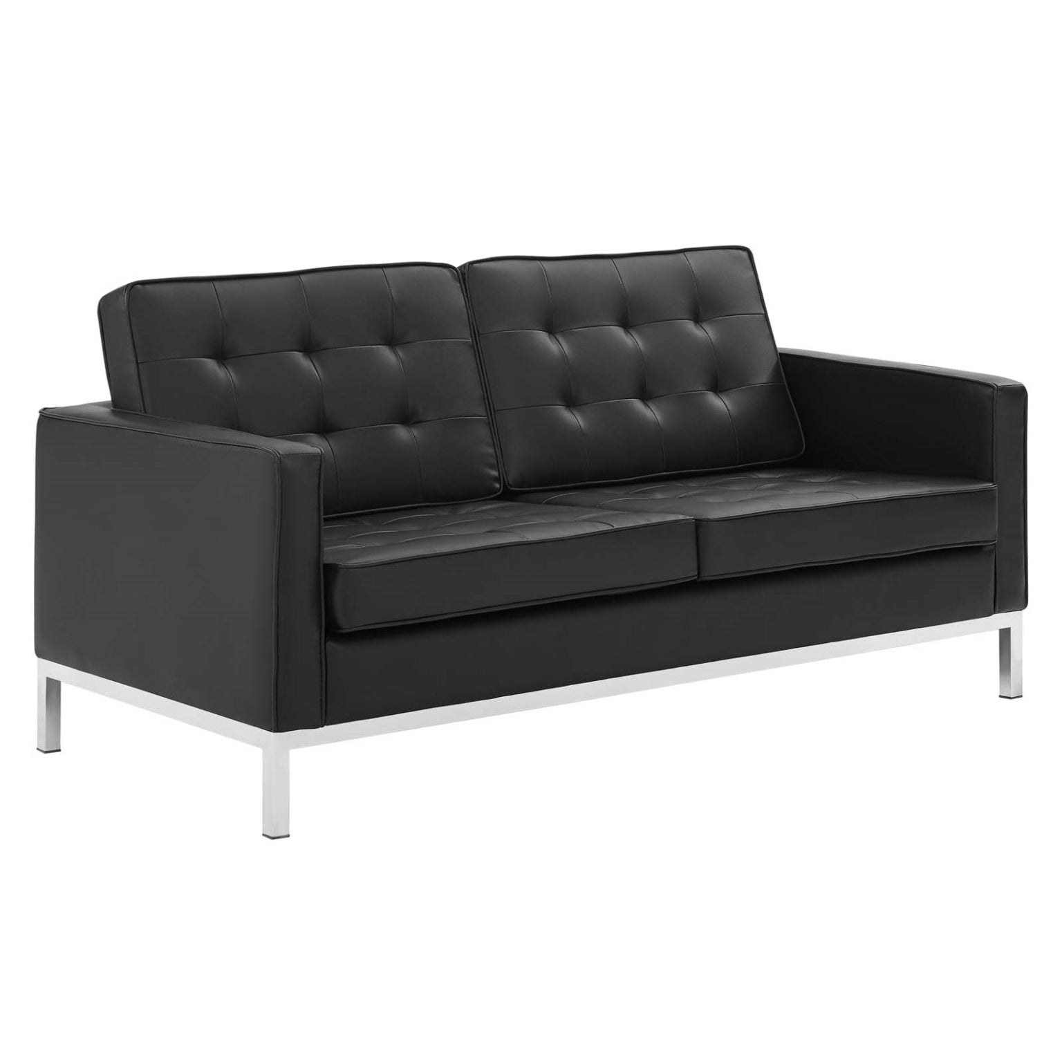 Loft Tufted Upholstered Faux Leather Loveseat in Silver Black Hyme
