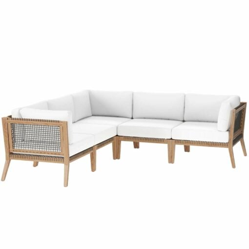 Clearwater Outdoor Patio Teak Wood 5-Piece Sectional Sofa In Gray White