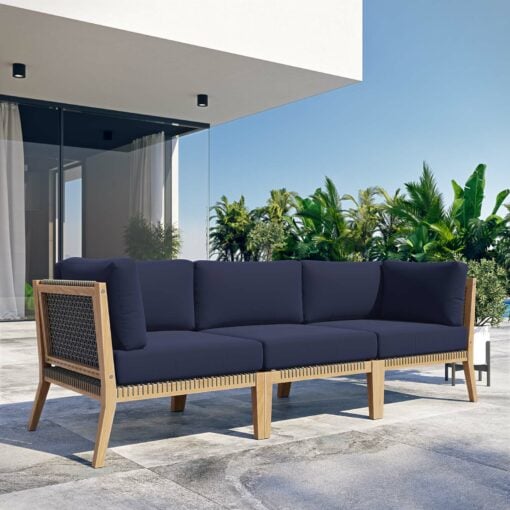 Clearwater Outdoor Patio Teak Wood Sofa In Gray Navy - Image 10