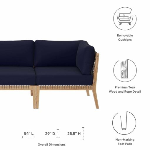 Clearwater Outdoor Patio Teak Wood Sofa In Gray Navy - Image 9