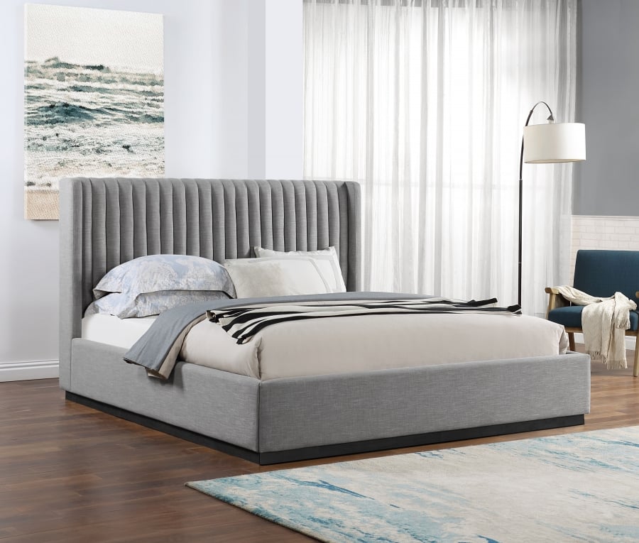 Logan Linen Textured Fabric King Bed In Grey - Image 9