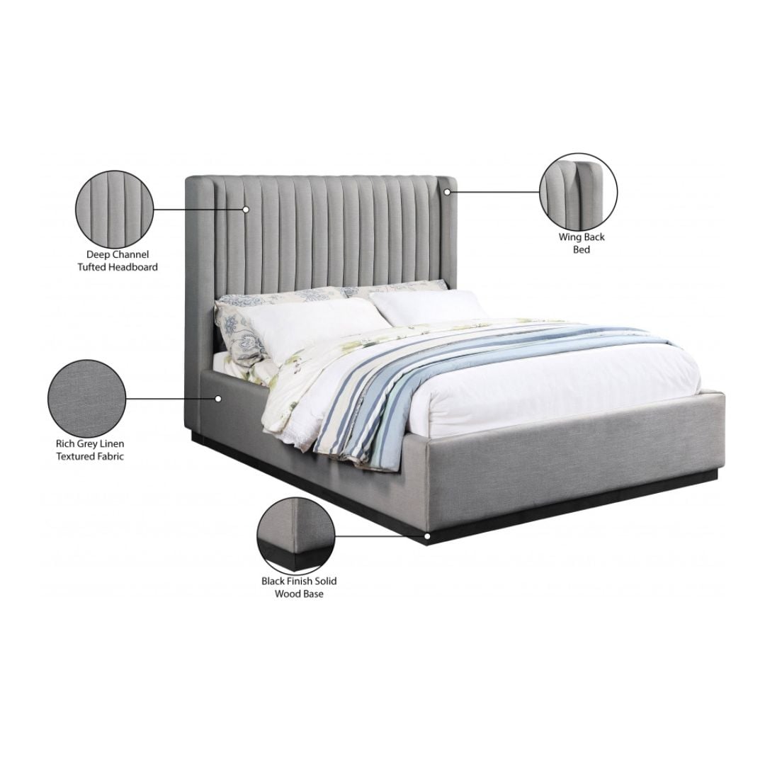 Logan Linen Textured Fabric King Bed In Grey - Image 7