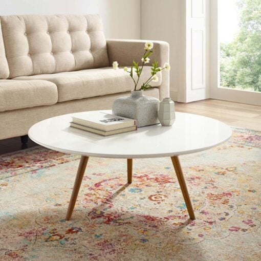 Lippa 36" Round Wood Top Coffee Table with Tripod Base In Walnut White - Image 2