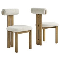 Torian Boucle Fabric Dining Chair Set of 2 In French Oak Ivory